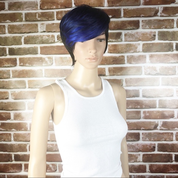 Synthetic Short 2 Toned Blue Black Women’s Wig - Picture 5 of 7